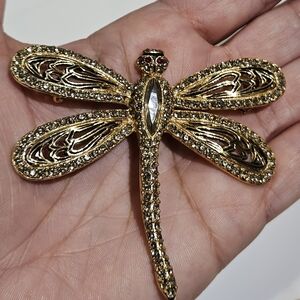 Vtg Gold Dragonfly Brooch  Rhinstones Black Enamel Umarked Possibly Vogue 3" x 2